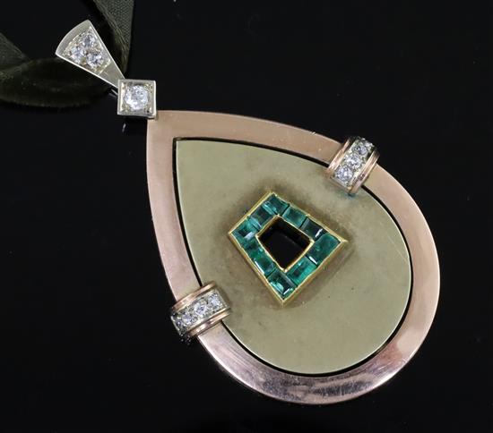 An early 20th century Austro-Hungarian 14ct gold, emerald and diamond set teardrop shaped pendant, pendant 55mm inc. bale.